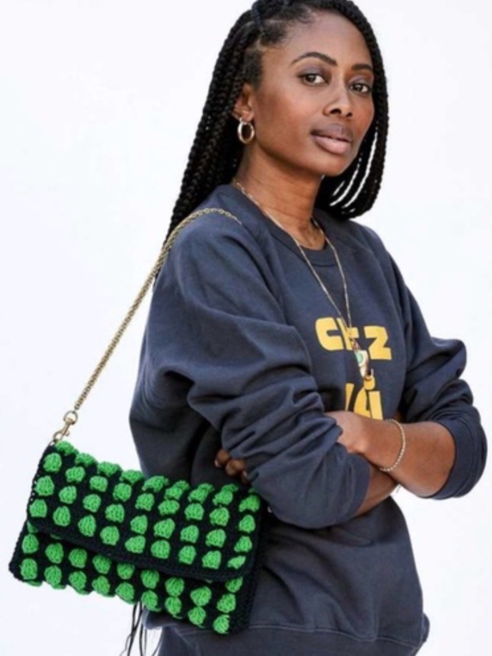 Clare V Black Crochet Clutch with Green Pom-Poms